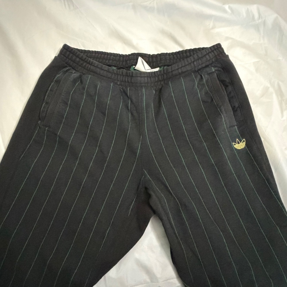 Adidas Mens Tyshawn Pinstripe Jogger Track Pants M Black Green Gold Trefoil